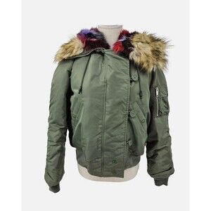 The Kooples Khaki Bomber Jacket FAUX Fur Hood Women's 3 US L Streetwear Green